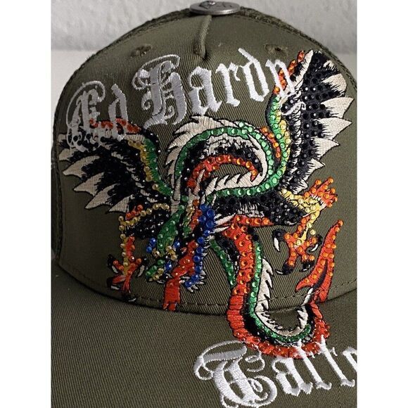Ed Hardy Trucker Hat Embroidered Rhinestone Dragon Tattoo Snapback Cap Green NEW - Picture 3 of 14